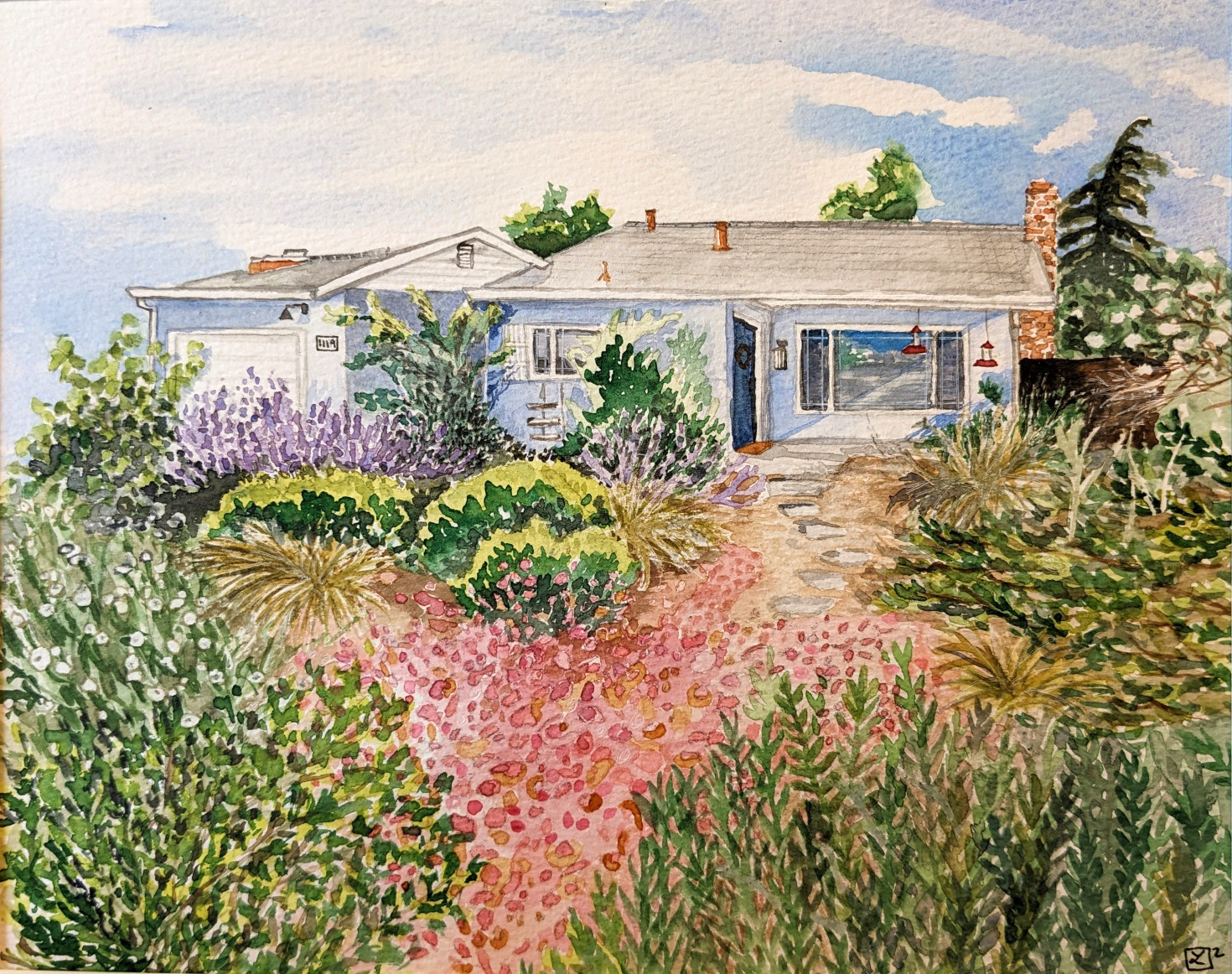 Watercolour house portrait — California garden