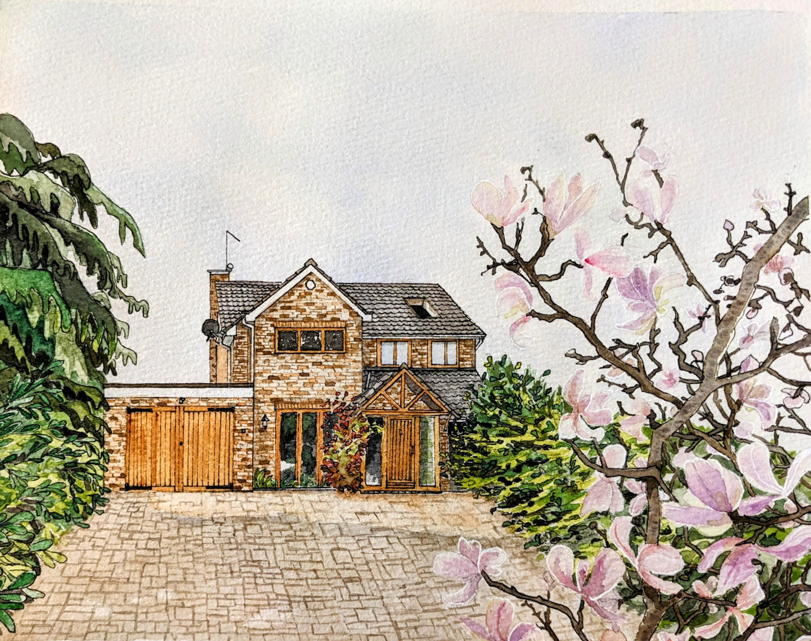 Stone house with magnolia in bloom